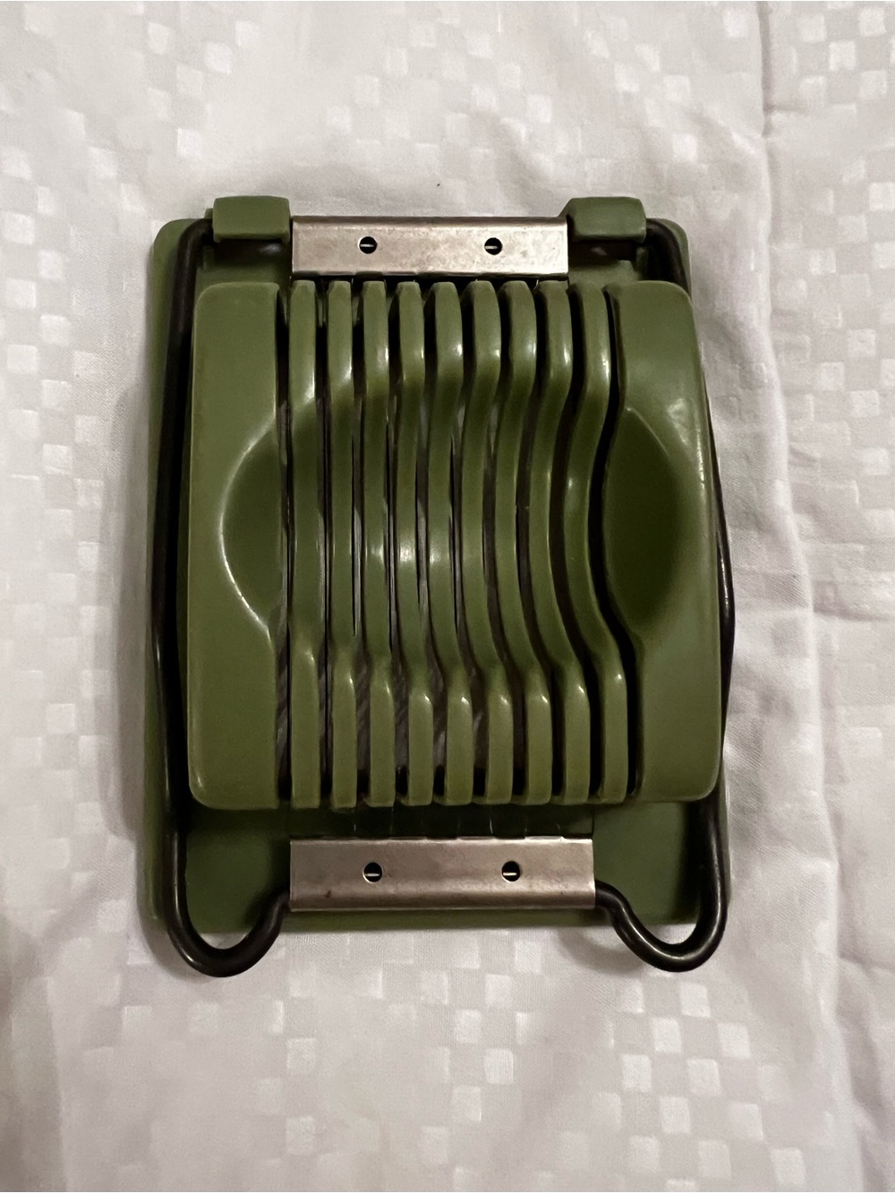 1950’s Vintage Acme Manual Egg Slicer Olive Green Plastic Metal Kitchen Tool